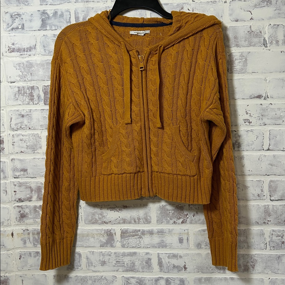 AE Women’s Small Cropped Cable Knit Zip-Up Sweater Mustard Yellow Preppy NWOT